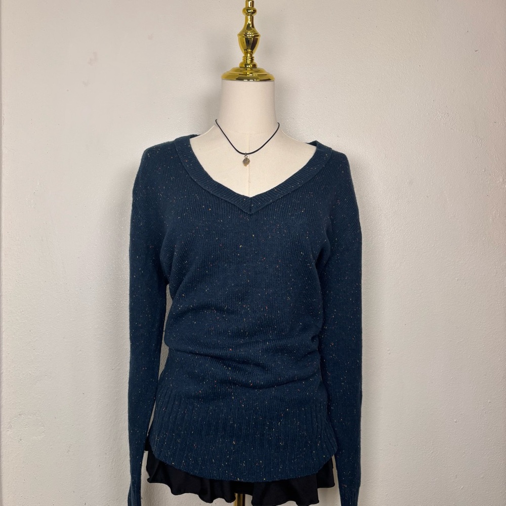 vintage style y2k old navy blue v neck knit sweater w colorful specs academia